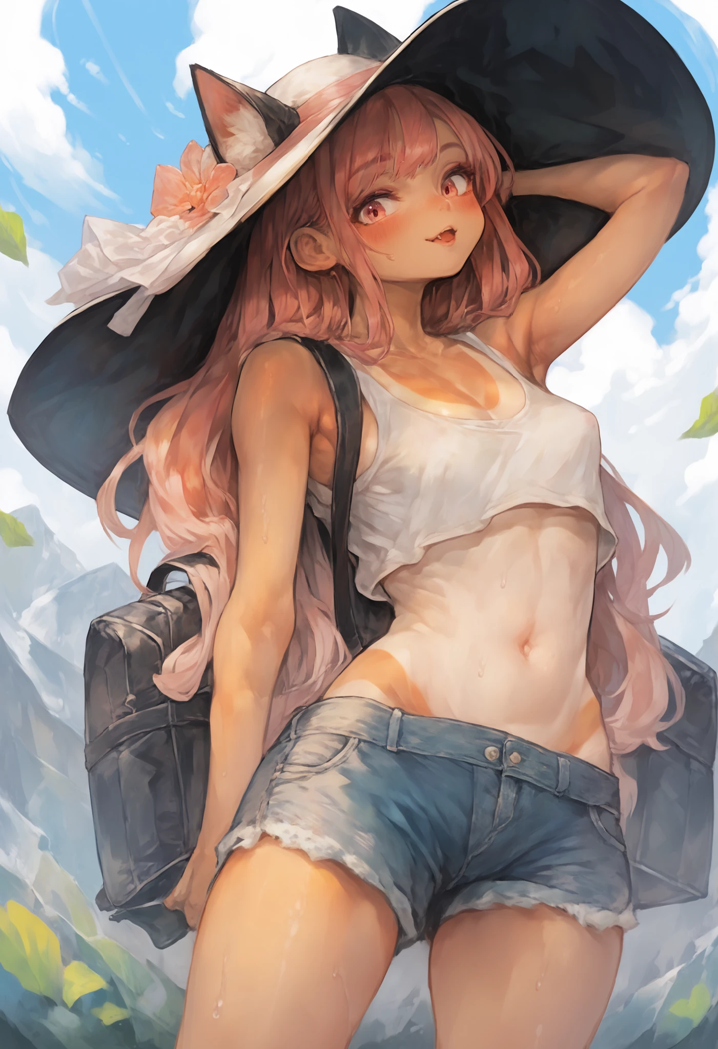 Cat ear hat、cat slime,tanlines, tan, A backpack full of luggage、 denim micro pants 、mini tank top