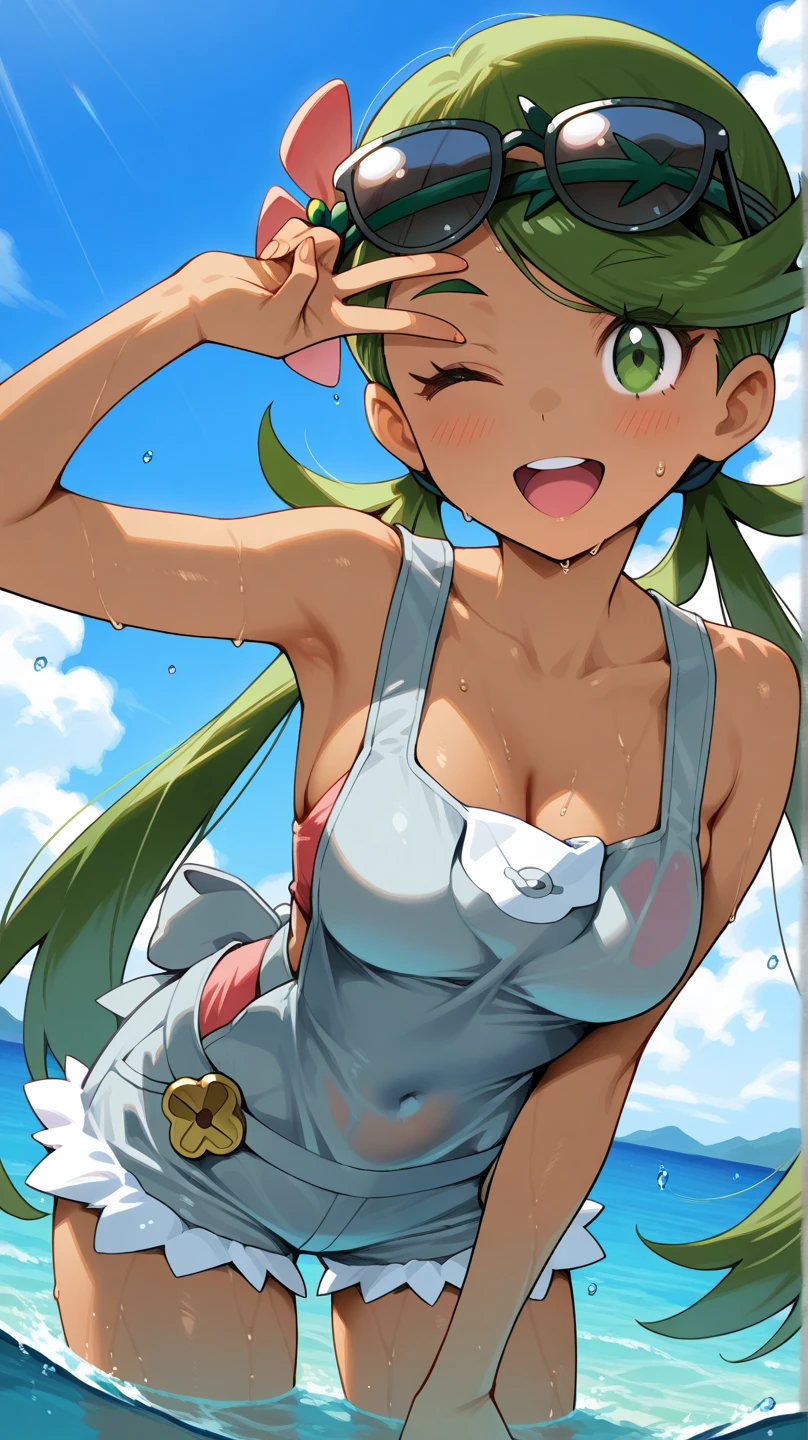 ojaskmmkcs, winking, one eye closed, standing, smile, simple background, adult, huge breasts, g-string bikini:1.2, nude:1.5, blush, energetic pose