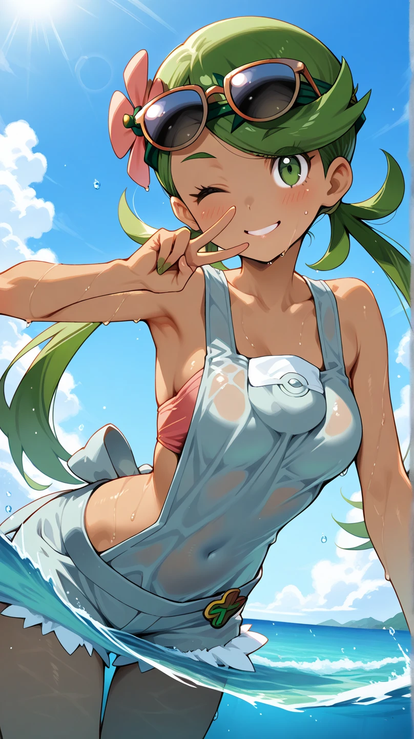 (Masterpiece), Best Quality, ultra-detailed, 1girl(zodiac_mallow , lovely small breasts, dark skin , green hair, long hair, twintails, headband, pink flower in hair, green eyes, half-closed eyes) , wicked smile, solo, head tilt, , t-shirts(loose,wet, see-through) , white panty , outdoor, forest, night time, warm lighting, campfire, tent, dance, sexy dancing, seductive , from_below