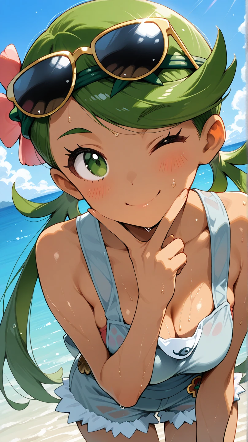 (Masterpiece), Best Quality, ultra-detailed, 1girl (zodiac_mallow, lovely small breasts, dark skin, green hair, long hair, twintails, headband, pink flower in hair, green eyes), a bright face, smile, open mouth, solo, green parkas, pink frill bikini, outdoors, beach, standing, Sexy waist teasing , posing, a sexy pose