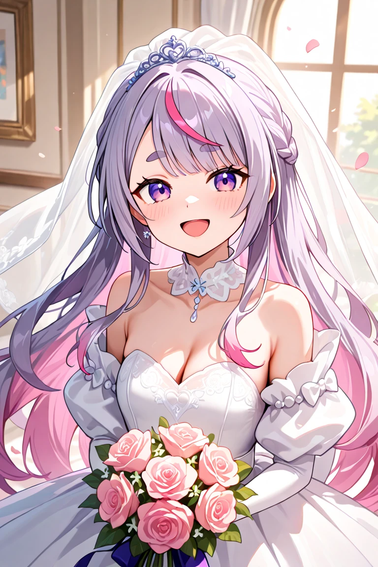 (highest quality,4K,8K,High resolution,masterpiece),1 person,super detailed,, straight, smiling,face focus, (,character_concentrated),beautiful girl,enchantment,fascinating,cheerfulness,Sacred,magic effect,purple hair,hair ornaments,(((wedding gown))),Princess Line Wedding Dresses,Sophisticated clothing,detailed lace,Bedroom,Lonely,in the middle of the night,lace pantyhose,Sacred縞模様，(bride, Princess Line Wedding Dresses, bouquet,:1.3)church,Keqing,Genshin,keqing Genshin