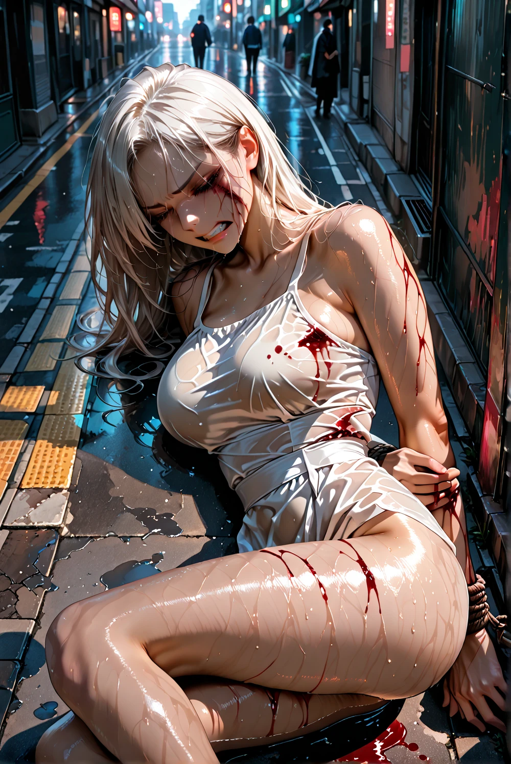One girl,full bodyesbian, torn cloth, Open legs, hand behind head, Underarms, , Tears, Humiliated, 浴室,Long hair,Heart-shaped pupils, White transparent latex one-piece tights, Torn clothes, ripped apart, ball gagged, upper legs,Pathetic,exhibitionism，blond hairbl