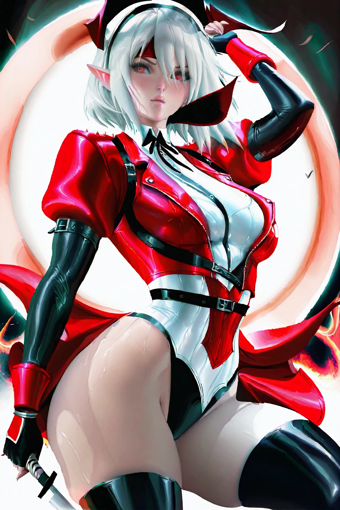 (((Annie Lennox))), (((Red and White ))), (scars), (((Bandaged body))), ((high collar)), (((Naruto style band on forehead))), (((best qualityer: 1.4))), (Unbeatable masterpiece), (hiper HD),(CG 8k hyper-realistic), (((brave face))), (((breasts big))), (((hyper feminine))), sexly girl, Tron,(black bob hair)), ((( sculptural body ))), (((1 Kizi))), Kizi cibernética de 25 anos com perfectbody,,Beautiful and well-groomed face,muscular body:1.2,solid color detailed jacket, (Head to thigh photos), Complex equipment, green dark,long pants,Tight clothes are dark,With white stars and off-white stripes,,,,,Armor Metal Electronic Parts, Poison tattoos ) INFO, Kizi, (((standing alone))), pirralha violent, (((14歳))), sexly, pose de atitude, work of art, post-apocalypse, (((manga style))), bounty hunter, violent, Manic, the way you want, slenderbody, thin but strong, perfectbody, roupa moderna, advanced technology, neon, sleeves with vertical striped pattern, neutral background, (( cowboy shot )). intricate visual