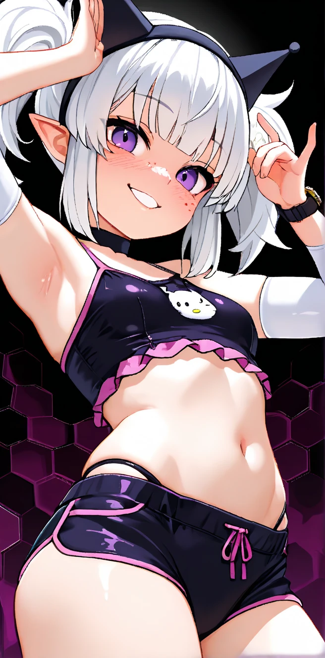 vulgarity, nsfw, solo, uncensored, beautiful, (masterpiece:1.2), (best quality:1.2), simple background, cinematic, perfect eyes, perfect face, perfect lighting, looking at viewer, dynamic pose, 1girl, small breasts, shiny skin, (latex:1.15), <lora:nazunaNanakusaCallOfThe_offset:1> nanakusa nazuna, vampire, open mouth, teeth, blue eyes, makeup, red eyeshadow, fangs, bangs, blunt bangs, two-tone hair, gradient hair, grey hair, light purple hair, multicolored hair, hair rings, stomach, navel, black jacket, black shirt, black shorts, cleavage cutout, clothing cutout, crop top, jacket, shirt, shorts, sleeveless, sleeveless turtleneck, sleeveless turtleneck crop top,