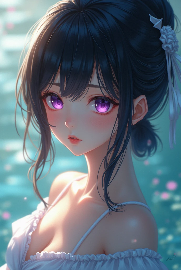 highest quality、Realistic、Night Sky、full moon、moonlight、cherry blossoms、Pool、adult woman、Japanese Zoom、look up、cute、Purple eyes、Black Hair、ponytail、Swimsuit、Face close-up、slender