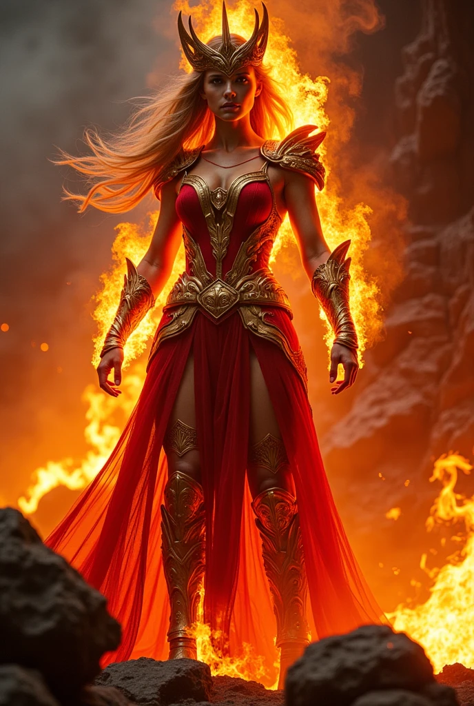 cinematic light, A sexy woman in armor, legendary warrior , A beautiful babe, erotic design , erotic pose, pore white hair, big eyes, body covered with tattoo, red lips, pore red dress , FULL BODY , glowing eyes , cosmic, divine