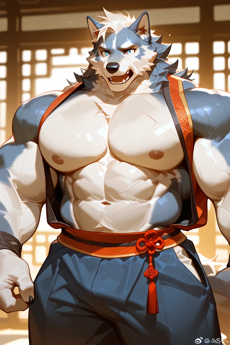 Wolf, By Meesh, Big Pecs, Fluffy Tail, 1boy, abs, bara, bare pectorals, black hair, blue pants, cropped legs, dougi, japanese clothes, large pectorals, male focus, martial arts belt, mature male, muscular, muscular male, navel, navel hair, nipples, open clothes, pants, pectorals, short hair, sideburns, solo, stomach, sweat, thick eyebrows