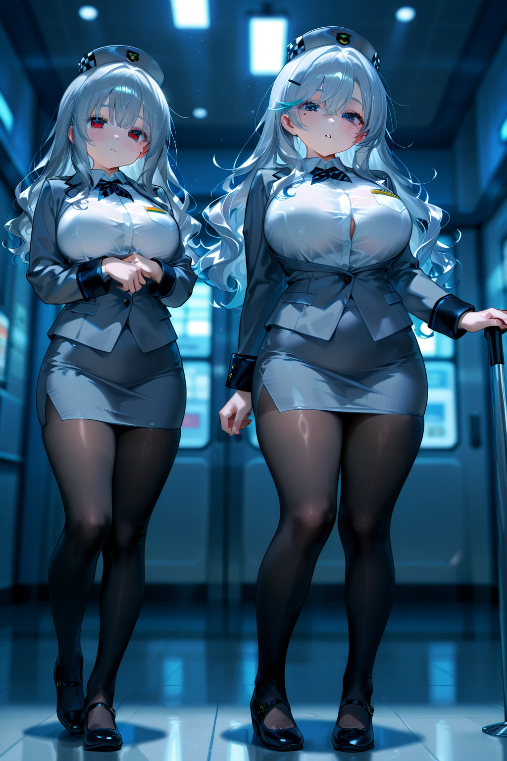 (Cool female police officer.Well-proportioned face.Beautiful white skin.Tall.Very muscular and slender body.Beautiful six pack abs.Big eyes.White Hair.Boyish long hair with a center part.I can see your forehead.Beautiful Blue Eyes.Heavy eye makeup.Dark lipstick.Tight waist.Very large breasts.Very large breastsの谷間.Beautiful light pink areola.Glowing skin).(A tight fitting shirt.The fourth button is open.Clothes are see-through and nipples are visible.Tight Skirt.Long boots with black belts.I have a lot of piercings.stockings.garter belt.Uniform cap).(2 Beauty.Futuristic City.Walking through the town at midnight.Police car.Two people are walking side by side..Holding a notebook in one hand.Serious expression.The eyes are narrowed)Perfect Face.Accurate human body.Accurate 5 fingers.High resolution.It's dynamic.Full body image
