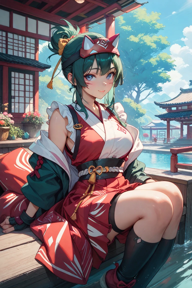 (masterpiece, best quality), 1girl, <lora:tomoe_v01:1> tomoe_mf, aqua_hair, japanese_clothes, bare_shoulders, detached_sleeves, cleavage, sash, sandals, scarf, red_eyes, hakama