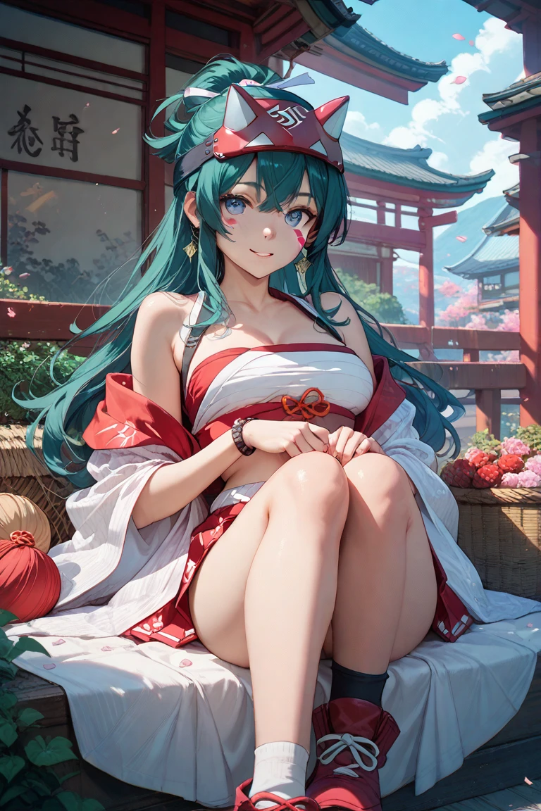 ((red eyes)),,crimson eyes,solo,tomoe aqua hair long hair ponytail japanese clothes kimono red scarf hair between eyes,clavage,sitting on the big spider,tempting gaze
