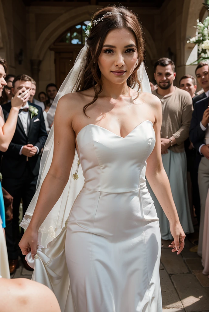 a beautiful detailed realistic muscular female bodybuilder very large breast in a short strapless sweetheart neckline bridal dress Pnina Tornai Style 4019 with a veil and tiara, short skirt, on a Pnina Tornai designer runway, hyper realistic, 8k, HDR, ultra-detailed, physically-based rendering, professional photography, dramatic lighting, vivid colors. Disparo desde arriba.