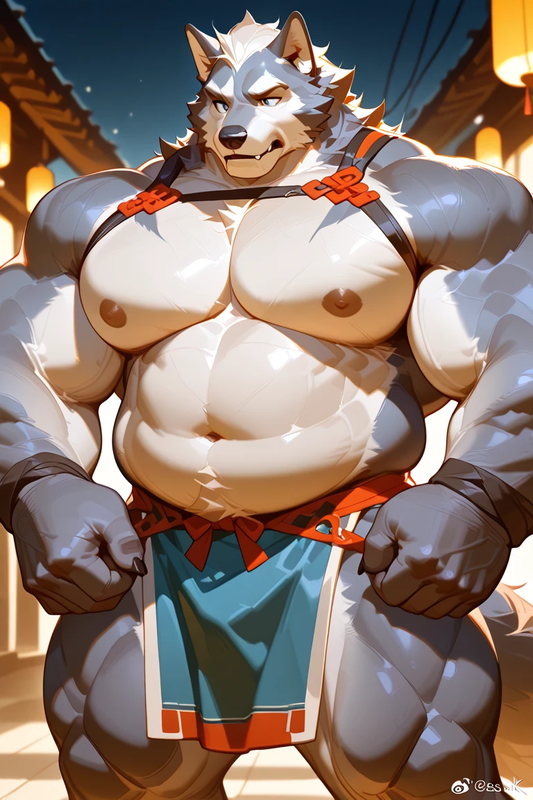 Solo, male (((retriever, muscular, white fur, white body, white fur, black eyebrows, black nose, blue eyes, folded ears, flustered expression, blush, ear piercing, ear ring, golden collar, gold cuffs, thin waist, underwear, big bulge))) standing, 5 fingers, tribal tent ((focus eyes, focus pupils, focus white body, focus white fur, focus 5 fingers, focus golden collar, focus underwear)) full body, perfect anatomy, adult character, by darkgem, by mystikfox61, by glitter trap boy