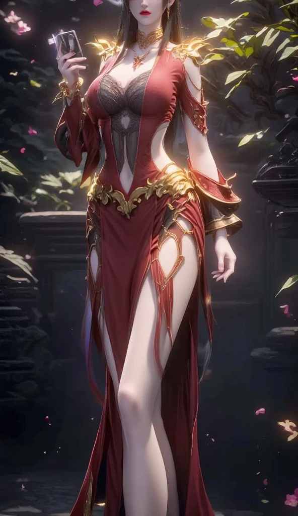 A woman in a red dress、Close-up of woman holding sword, Beautiful full body concept art, Beautiful and elegant demon queen, Epic and beautiful character art, Onmyoji detailed art, dark witch fullbody pose, A complete portrait of an elementalist, Full body fairy, dark witch full view, Humanity :: witch