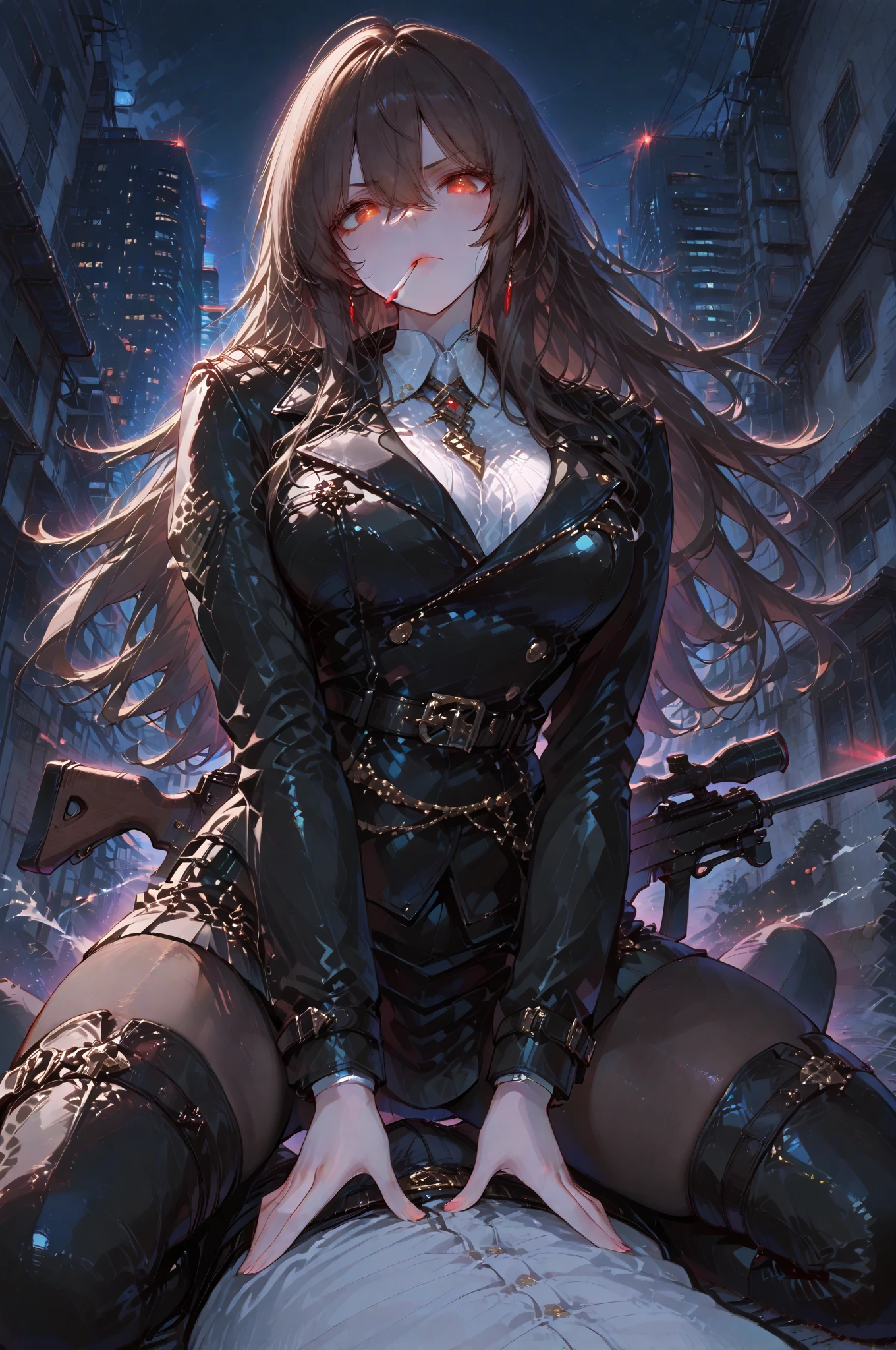 masterpiece、Highest quality、Ultra-high resolution、Maximum resolution、Very detailed、Professional Lighting、anime、woman、thin、so beautiful、Sexy Suit、mini pencil skirt、Garter Stockings、High heels,Has an assault rifle、Grey Eyes、Brown Hair、long hair、Fingerless Gloves、Beautiful eyes、Pink Lips、Gloss Lip