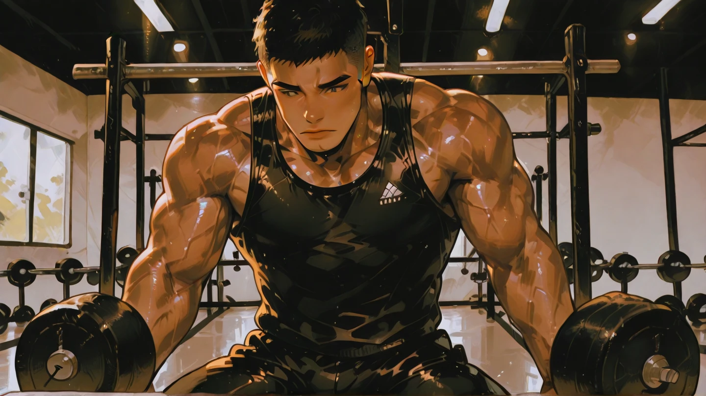 A strong man in a training room, with short black hair, (Sit cross-legged:1.2)make move,Train with your hands on your knees, surrounded by aura, Tyndall effect, Anime art style, Realistic portrait, mystic academia, radiation clusters, dansaekhwa, Stones, poolcore,32K, Best quality, 巨作, Super detail, High details