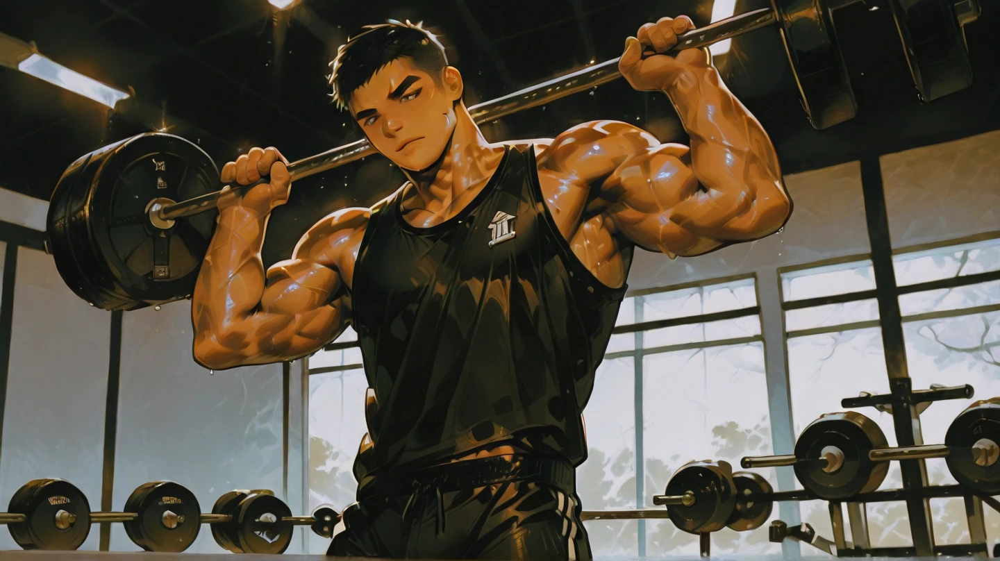 boy、nipple piercing 、tattoo on chest、tattoo on leg 、Wearing a black shirt、Wearing green shorts、White sneakers、sports gym、Running on a treadmill、Perfect Eyes、Highest quality、High resolution、Super detailed、4K、perfect anatomy、muscular male、(father:0.5)、gay、Shaved head、Brown skin、(sweat:1.3)、steam、full body