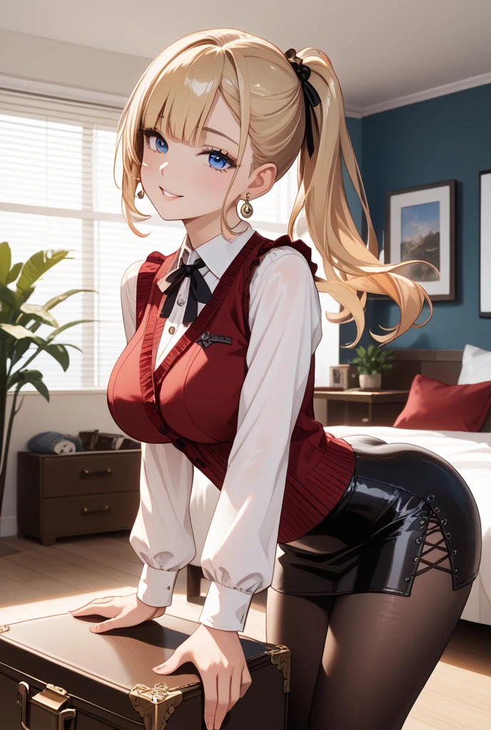 (dynamic angle:1.3, front view:1.1, breast focus:1.3, from below:1.2), (dynamic posing:1.5, sexy posing:1.3, leaning forward), (seductive smiling:1.3), ((looking at viewer, holding a cake)),highest quality、(real、photorealistic:1.4),(ultra high resolution, 8K RAW photo, clear focus), best qualtiy, natural lighting, field depth, (Bright pupils, detailed beautiful eyes, high detailed face), Red lip, (tight focus:1.2), a girl 22yo old, pretty girl, (highly detailed beautiful face and eyes,firm breasts),real skin,((black,hair,long pony tail hair)),teacher, thin breast,(pointed chest:1.3), cleavage:1.1,(double breasted:1.2,under bust:1.2), midriff, long hair, blue eyes,off-shoulder dress, sweater dress, off-shoulder red sweater,garter stocking, bootyshorts, black shorts, black thighhighs, thigh strap, thin pubic hair,lovely, detailed eyes, This masterpiece is only visually stunning but also tells,(with sparkling eyes and a contagious smile),open mouth, Looking at Viewer, posed muy sexy cleavage:1.2,