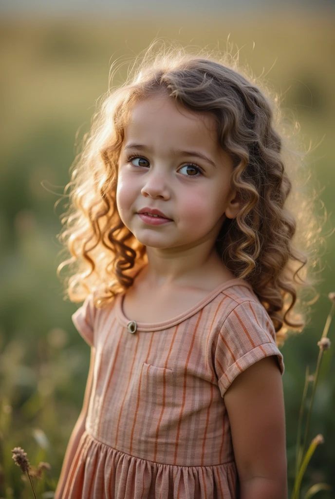 a cute little girl, 2 years old, curly brown hair, brown eyes, brown skin, round eyes, style pixar.