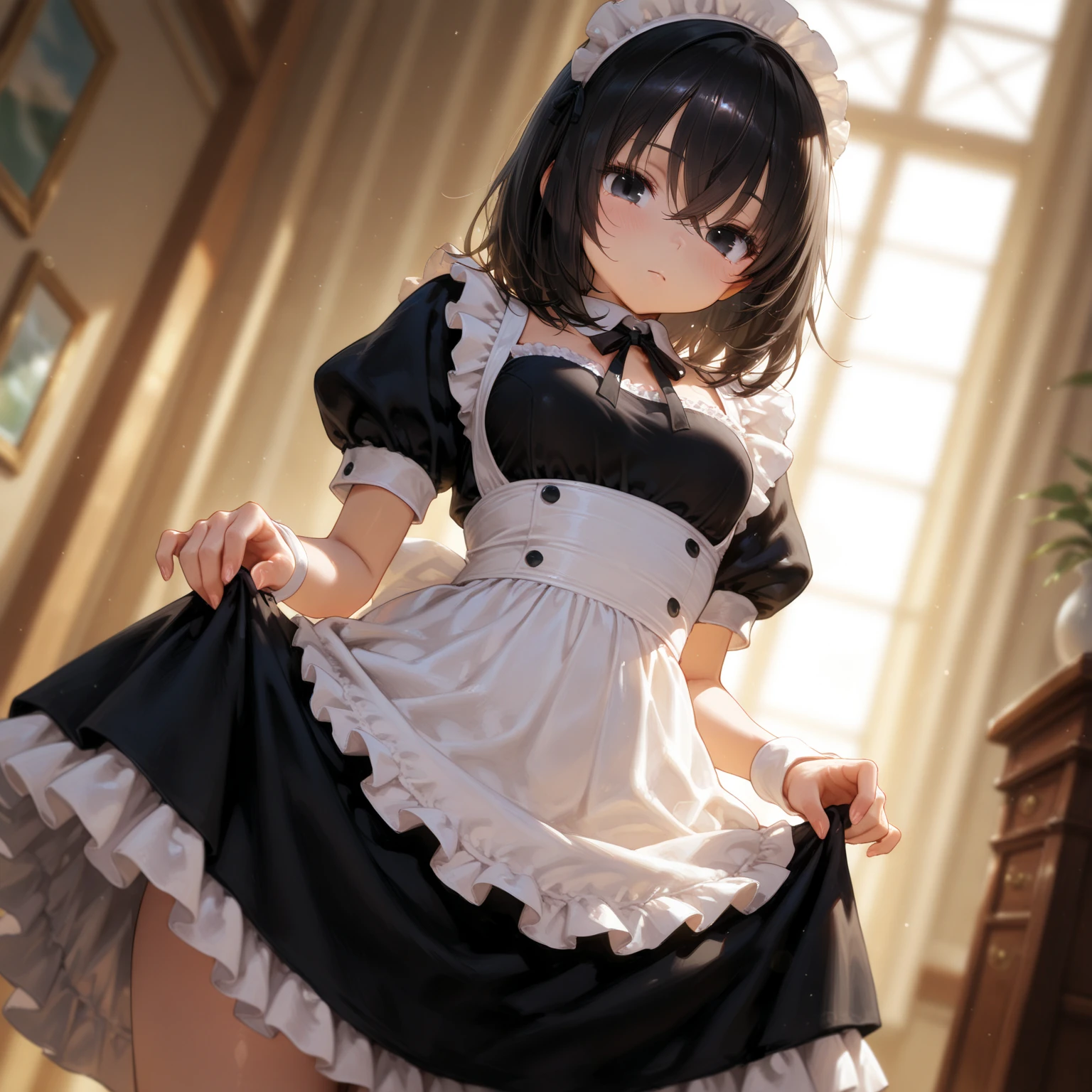 (1 solo skinny maid:1.3) standing alone in hallway, (curtsey:1.5), (both hands pinch own short skirt and lift skirt higher:1.4), tiptoe, BREAK, black short hair, black eyes, smile for viewer, BREAK, (bursting large breasts), cleavage, inconceivably narrow waist, slim hip, skinny long legs, thigh gap, BREAK, white head dress, short sleeve, (frilled too short skirt), frilled white apron, highheels, BREAK, {nsfw}