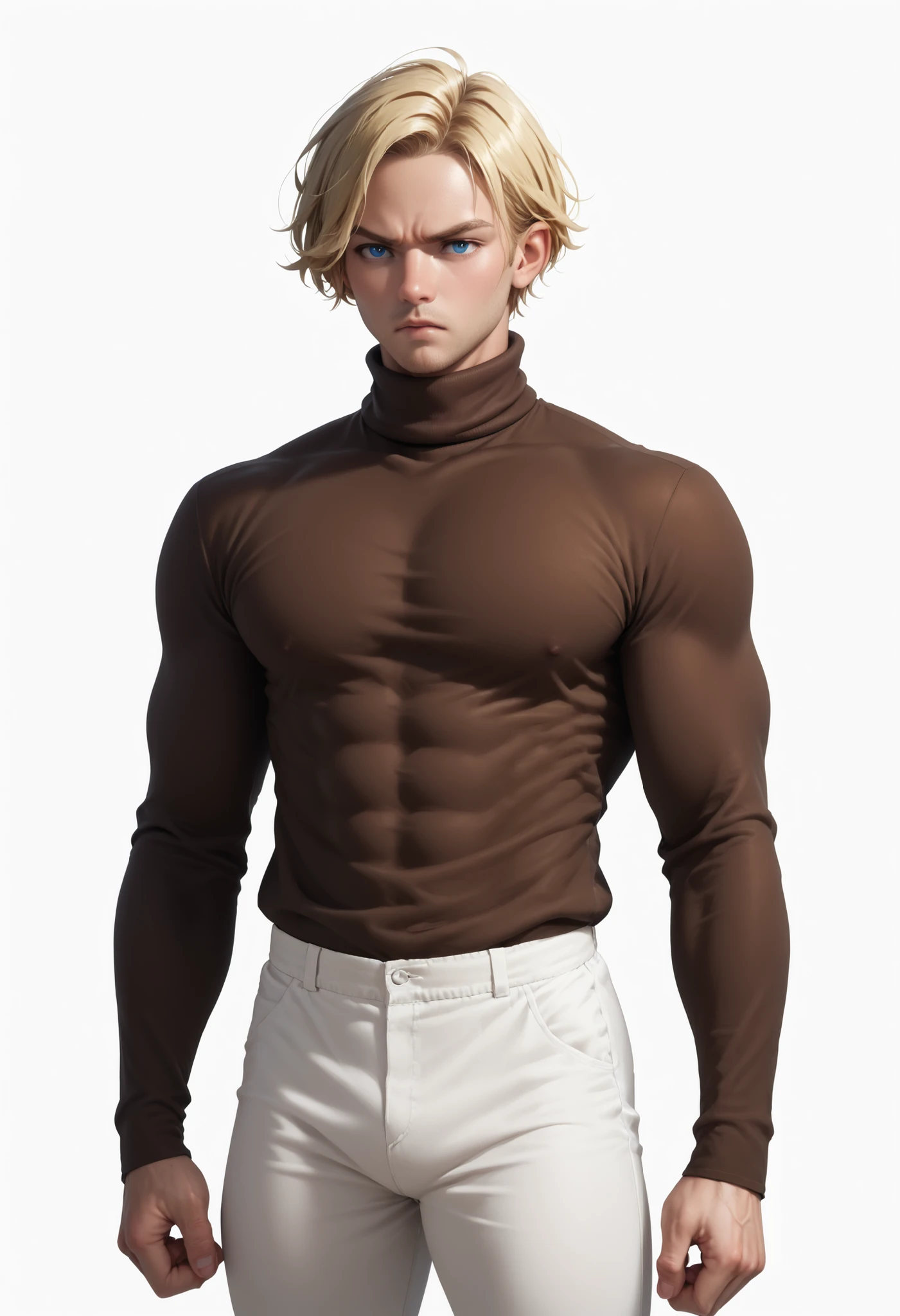 Handsome ((Realistic Male)) ((White background)) White skin ((american man)) ((1 man)) , (solo man) , rathing_questionable , blue eyes , Short hair(blonde hair:1.4) (Dark brown turtleneck long-sleeved shirt:1.4), (White pants:1.2) 1 girl, rathing_questionable ,score_9, score_8_up, score_7_up, (muscular:0.6) (very strong) ,angry