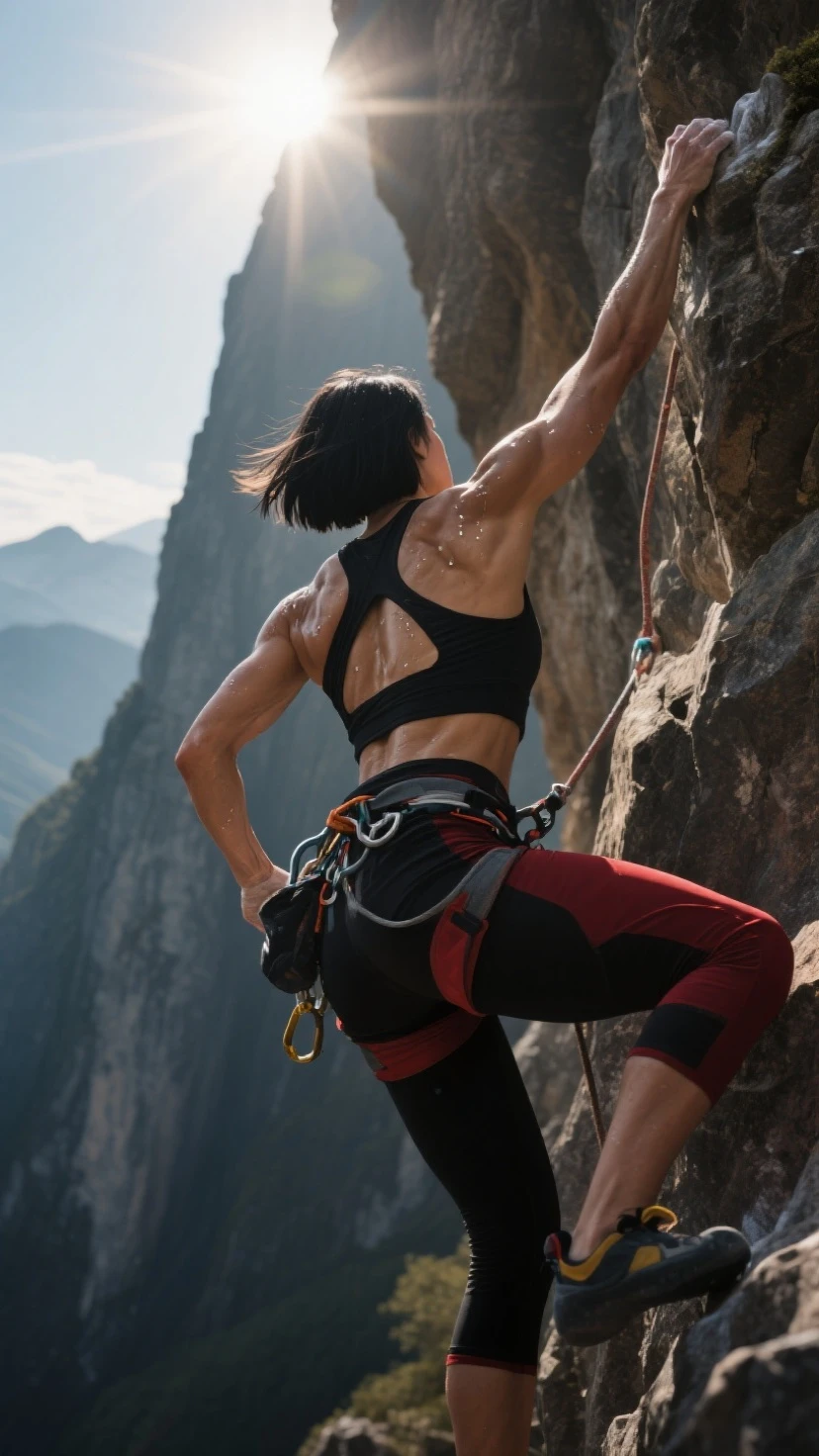 a person climbing a steep rock wall, strong grip, focused expression, challenging route, textured rock surface, dynamic movements, athletic physique, intense concentration, chalky hands, determined facial expression, experienced climber, natural surroundings, rocky terrain, beautiful landscape, dramatic lighting, vibrant colors, high-res detail, realistic rendering, outdoor adventure, adrenaline rush, physical strength, mental resilience