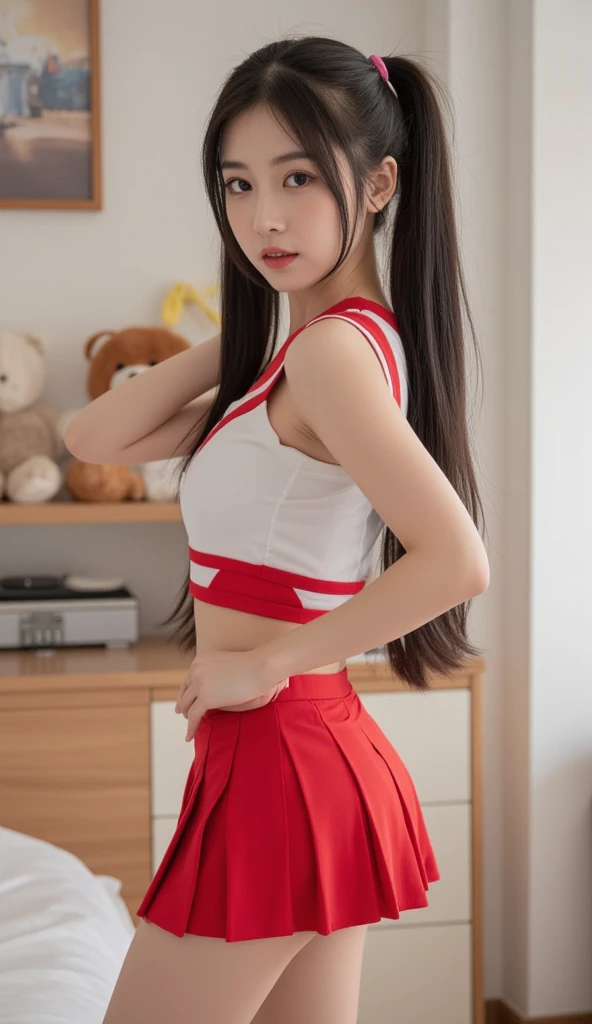 japanese woman、Tennis Uniforms、、big breasts、Red sportswear like bloomers、high leg bloomers、NSFW、Looks like a whole body、Her nipples are so erect that you can see them even through her sportswear..、standing in the hallway of an old and dark hotel、A prostitute who takes the photographer's arm、lewd smile、grin、shiny high socks、A scene where they are meeting at a sex shop.、shot from behind、Turn around、nice buddy、full body portrait、sneakers、big ass