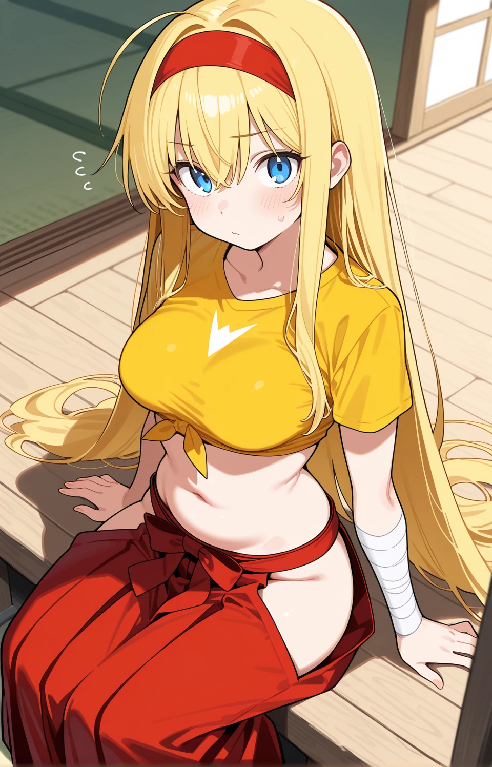 teen cowboy woman, barefoot, long hot legs, sitting, legs in the air, shorts, red plaid unbuttoned shirt, blond hair, huge breasts, fit, lust eyes, lust posture, straw hat