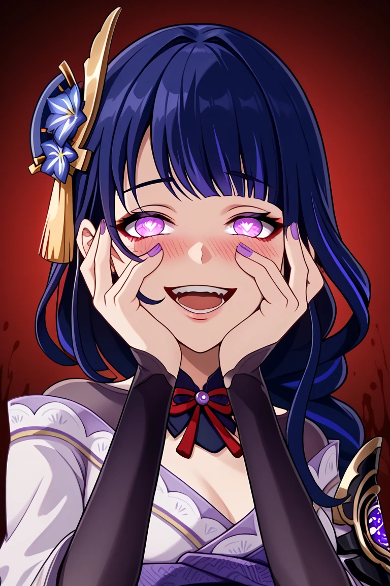 backlighting, from below, 1girl, upper body,face close-up,smile, open_mouth,blood_on_face,blood_on_body, yandere, blush, yandere_trance, shadow_on_eyes, shaded_face,hands_on_own_cheeks, hands_on_own_face,looking_at_viewer, bare_shoulders,bare_arms,Dark Environment,hell,masterpiece, best quality, very aesthetic, absurdres, horror, blood,death,ruin,black background,raiden_shogun,raiden_shogun (genshin impact), dark purple hair, long hair, single braid, hair ornament, purple eyes,