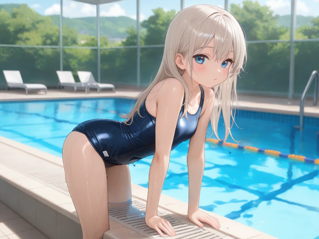 NSFW , (Highest quality:1.5, High resolution, 4K, Detailed lighting, Shaders), Illyasviel von Einzbern alone, Cowboy Shot,Long Hair, Gray Hair, Red eyes, ((Swimsuit))++ M-shaped foot Sexy Looks Seductive gestures atmosphere Super blushing Realistic beautiful swimming pool
