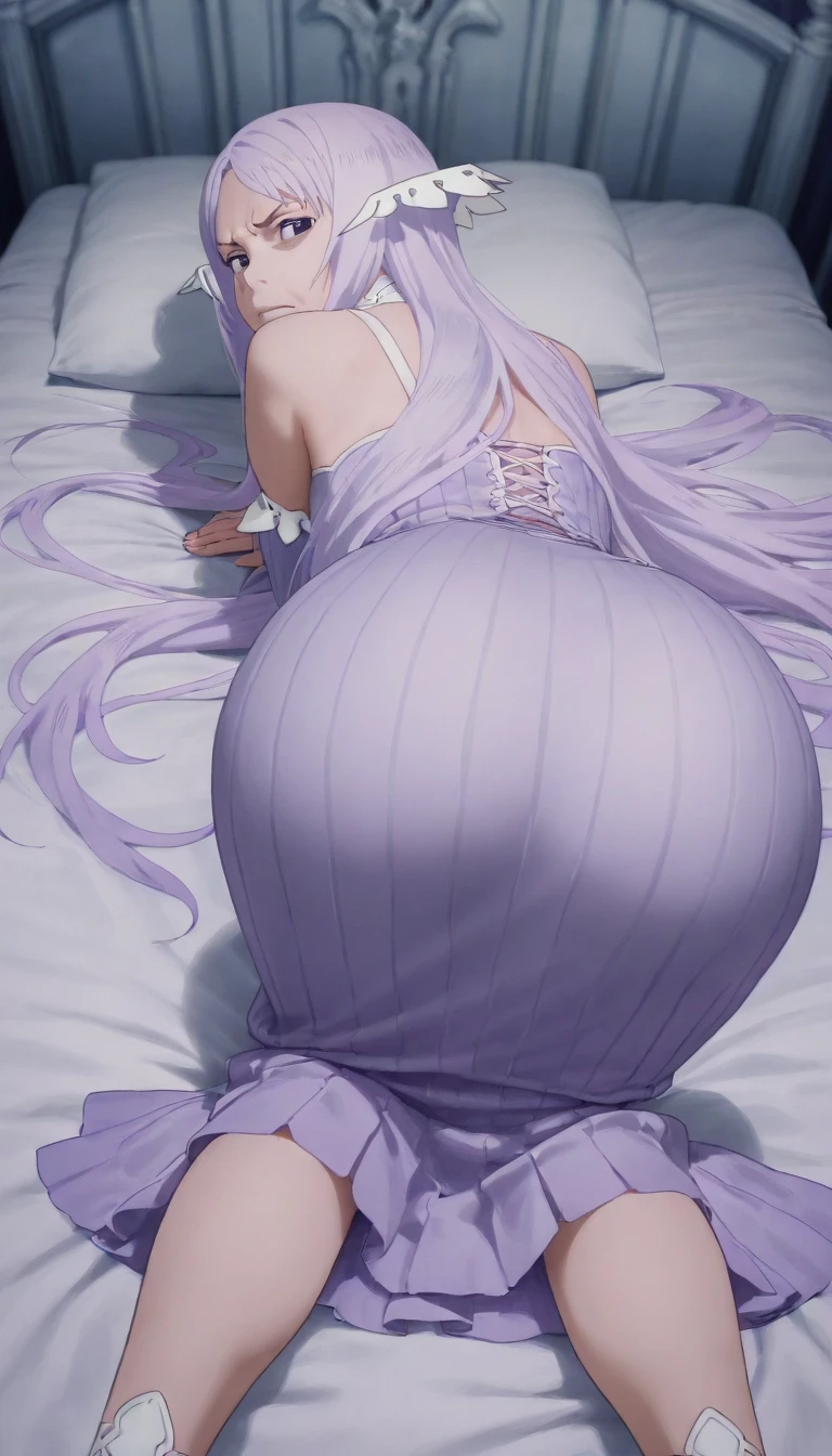 score_9, score_8_up, score_7_up, source_anime, 1girl, solo, looking at viewer, SakuraMatou, purple hair, long hair, hair ribbon, bride, wedding dress, bridal veil, white dress, hair flower, white flower, pearl necklace, insidebox, in box, in container, indoors, wooden floor, box with packing peanuts, cardboard box, kneeling, full body, looking back, from behind, purple eyes, (long dress), ass, elbow gloves, white gloves, high heels, light smile, closed mouth