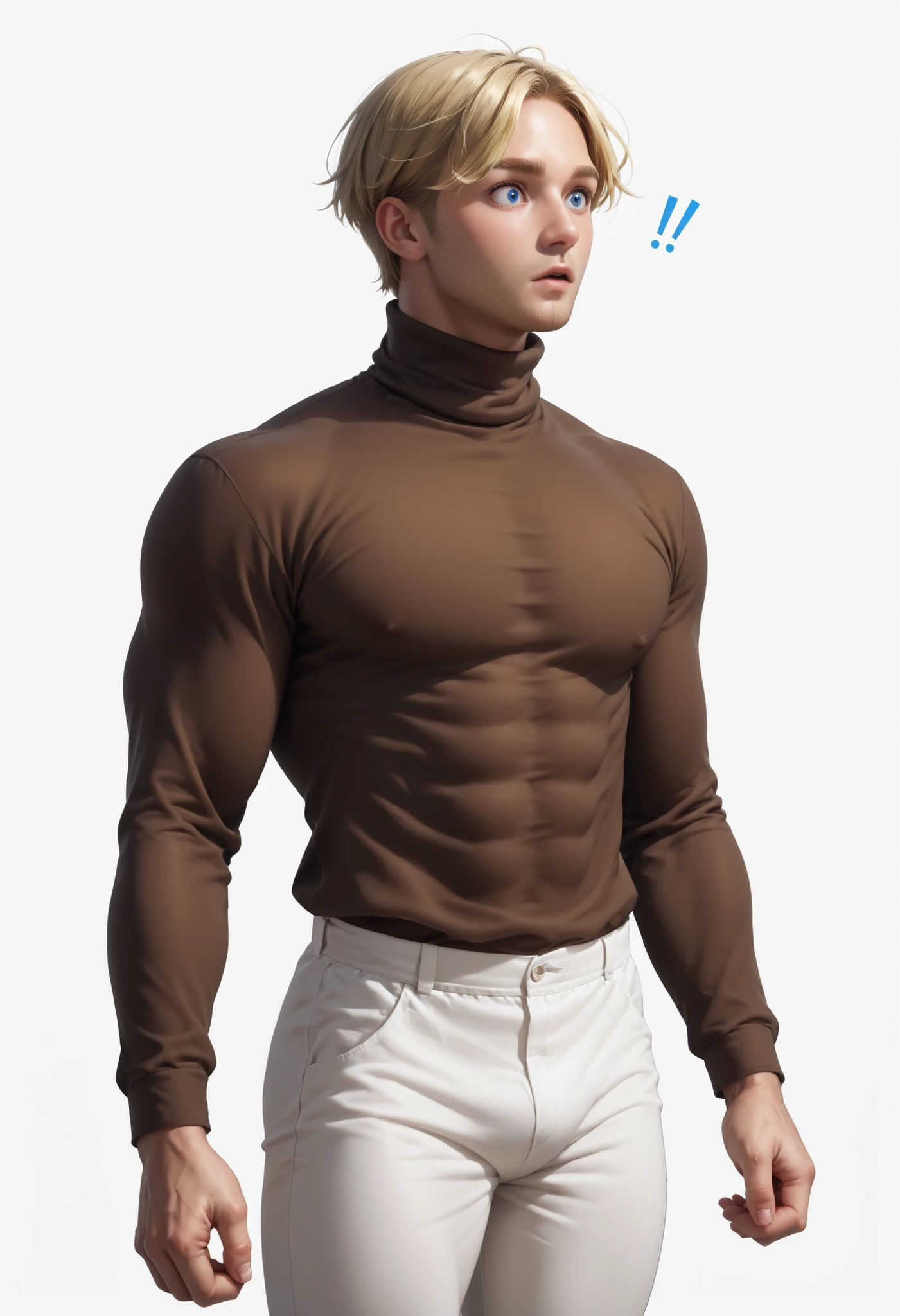 Handsome ((Realistic Male)) ((White background)) White skin ((american man)) ((1 man)) , (solo man) , rathing_questionable , blue eyes , Short hair(blonde hair:1.4) (Dark brown turtleneck long-sleeved shirt:1.4), (White pants:1.2) 1 girl, rathing_questionable ,score_9, score_8_up, score_7_up, (muscular:0.6) (very strong) ,surprised