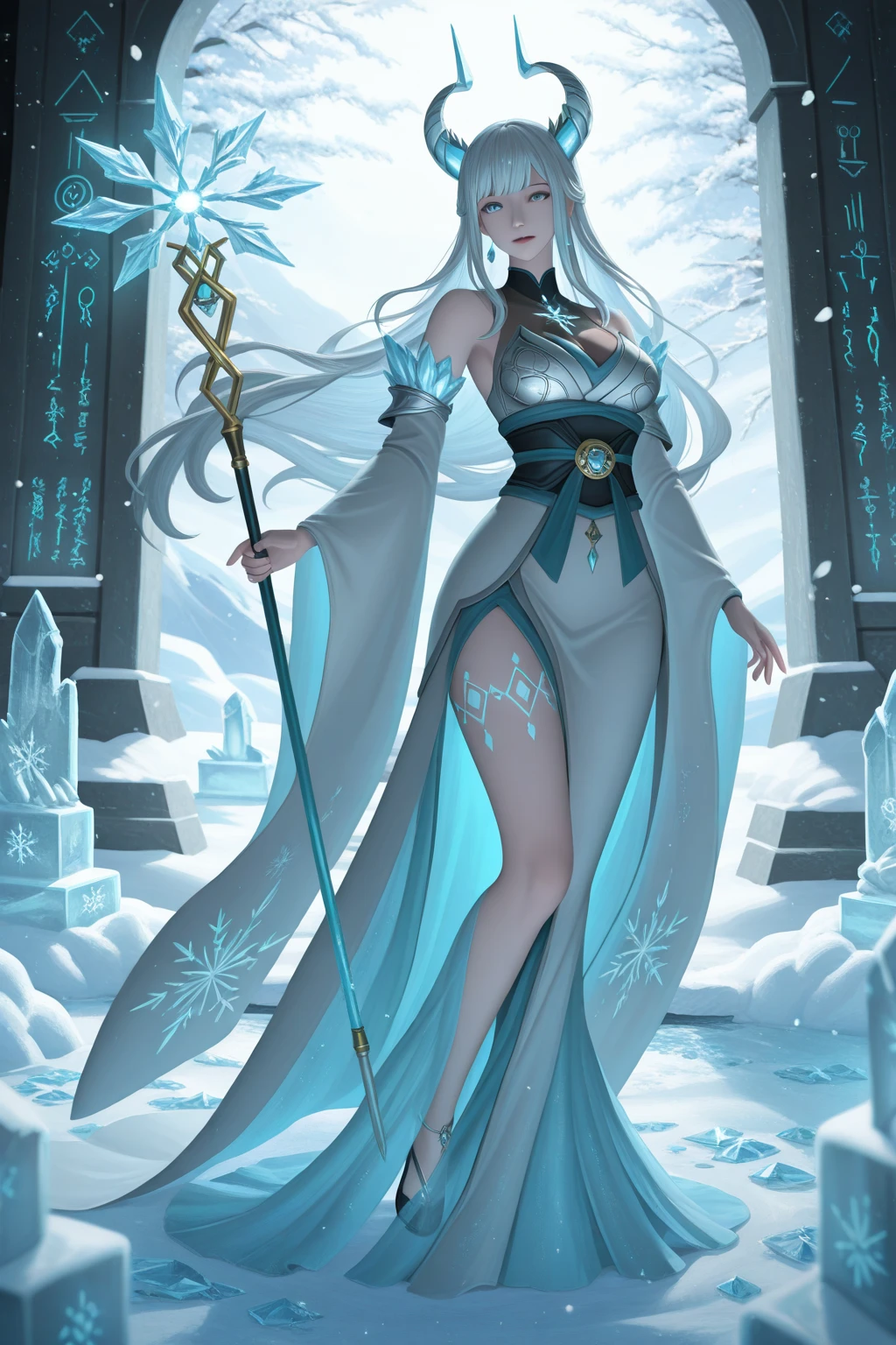 (best quality, highres, ice skull:1.1), ice skull, girl style, thick body art, detailed facial features, icy blue eyes, glossy lips, long eyelashes, porcelain skin, blue and silver color scheme, intricate skull design, realistic texture, vibrant colors, elaborate background, mysterious atmosphere, frozen garden, snow-covered trees, sparkling ice crystals, surreal lighting, fantasy elements