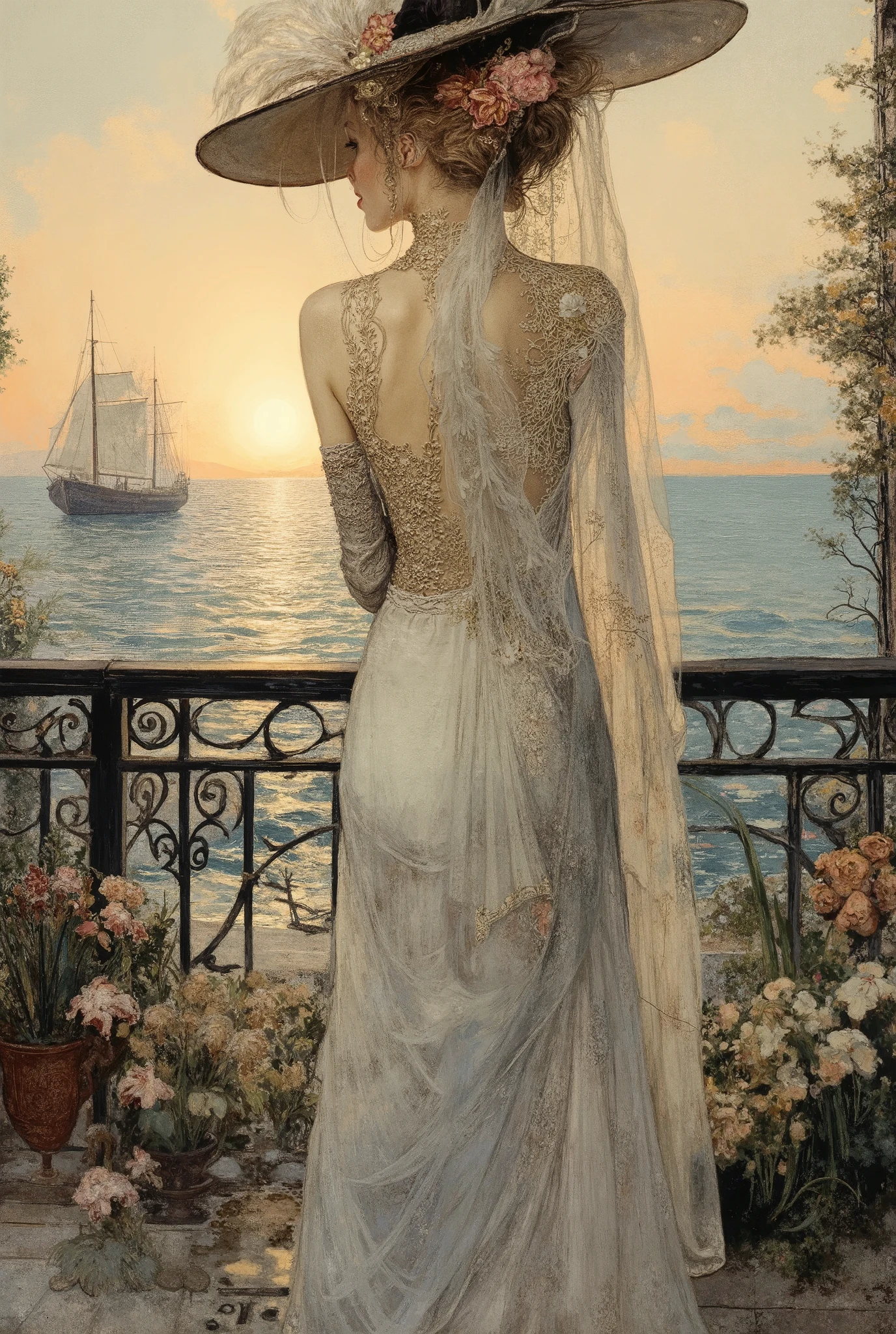An incredibly beautiful, graceful Art Nouveau woman stands from the back on an outdoor terrace with wrought-iron railings. She is wearing a luxurious dress with an open back, a skirt with a tourniquet and a long train decorated with floral embroidery and the finest lace. A wide-brimmed hat with ostrich feathers and a translucent veil falling over his face. Long gloves above the elbow emphasize the sophistication of her image. The lady's body is gracefully curved. A glance at the viewer over his shoulder from under the veil. Background: sea sunset with golden pink sky, light ripples on azure water, silhouettes of sailboats in the distance. The terrace is surrounded by flowering plants (orchids, irises). Warm sunset tones, muted pastel accents. Style: painting in the spirit of Alphonse Mucha and Gustav Klimt — smooth lines, floral ornaments, Art Nouveau elegance. The detailing of fabrics, the glare of light on feathers and veils, soft shadows. Mood: romantic, mysterious, nostalgic.Avoid hyperrealism, keep the artistic stylization. 4K, high detail.