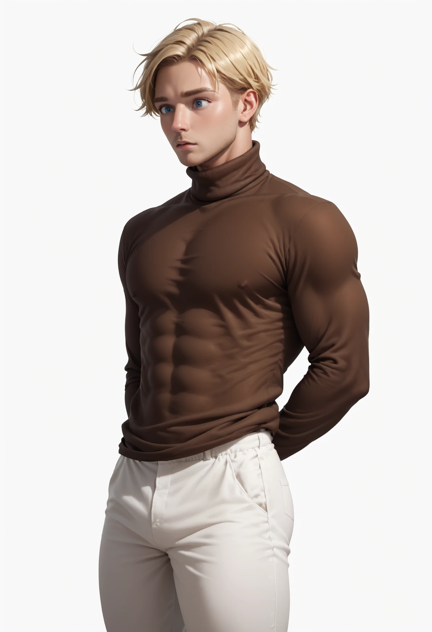Handsome ((Realistic Male)) ((White background)) White skin ((american man)) ((1 man)) , (solo man) , rathing_questionable , blue eyes , Short hair(blonde hair:1.4)  (Dark brown turtleneck long-sleeved shirt:1.4), (White pants:1.2) 1 girl,  rathing_questionable ,score_9, score_8_up, score_7_up,  (muscular:0.6) (very strong) ,surprised