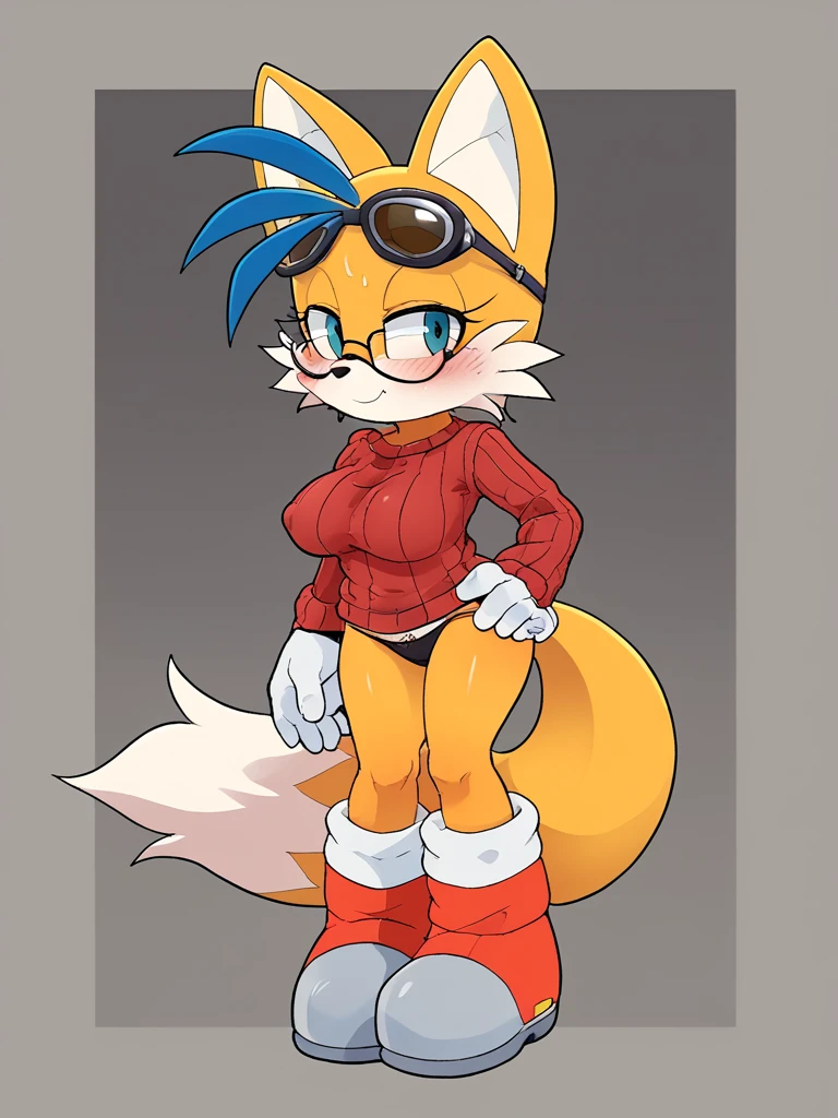 ((masterpiece)), high quality, (miles prower style) ((2d, 2d art)), ((sharp, expressive eyes)), (detailed colors, detailed shading, female tails, large breasts, smiling, chest tuft, 2 tails, tails the fox, ((square head)), 3d, soft lighting, unzipped bodysuit, orange and white fur, green eyes