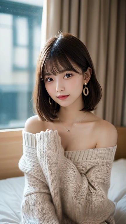 table top, highest quality, shape, Super detailed, finely, High resolution, 8k wallpaper, 完璧なダイナミックな構shape、Mature woman 27 years old cute girl、sweet girl、fiery idol pose、detailed face、Super detailedかわいい目、realistic lips、realistic and beautiful skin、shy smile、wavy brown short cut hair、small breasts、bold sexy pose、Sweater with one shoulder exposed、Hill with a night view、