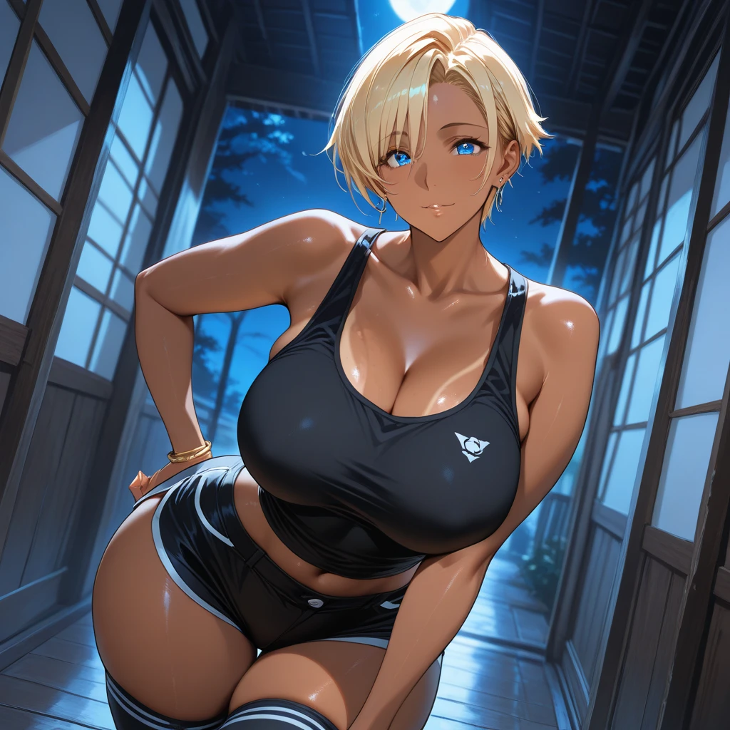 mature woman, ((darkskin)), (suntanned), Broad Hips, ((milf)), pose sexy, highly detailed background, break milf, ((darkskin)), (suntanned), thick-thighs, suggestive look, (daydream:1.2),better lighting, bokeh, Lens flare, Action,pose,dutch angle, //Character blonde hair ,randomly hairstyle, break //Fashion huge breasts,((work of art)), ((high resolution)), ((best qualityer)), (ultra detali), 3d, Real, ((extremely detaild)), best qualityer, dynamic angle, buruma, gym uniform, In school, whole body, humida, ssmile, ((squatting down))