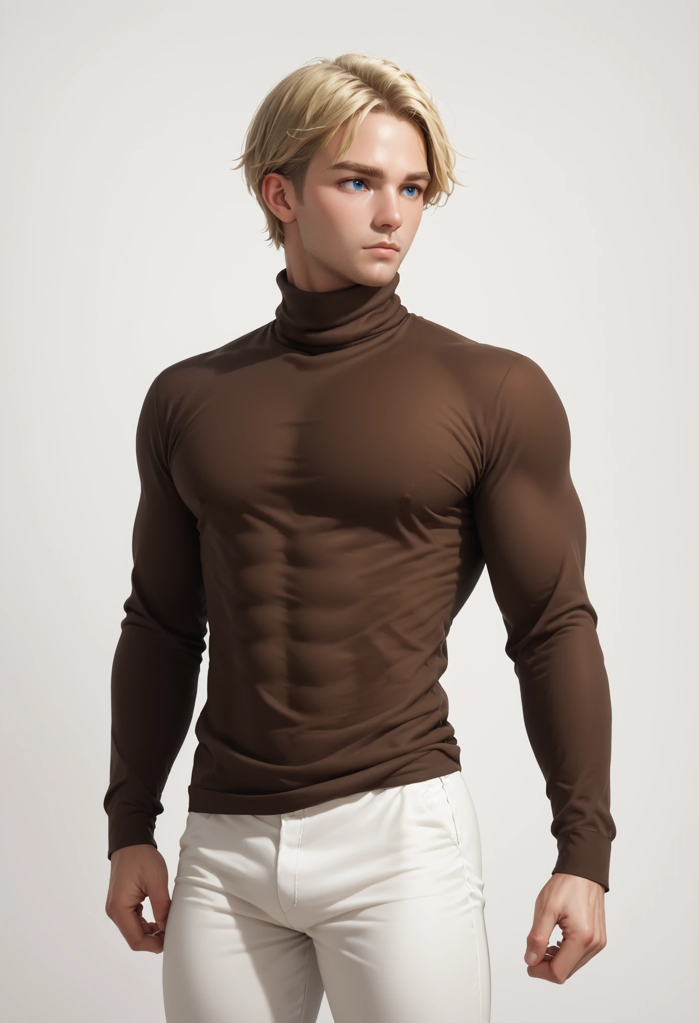 Handsome ((Realistic Male)) ((White background)) White skin ((american man)) ((1 man)) , (solo man) , rathing_questionable , blue eyes , Short hair(blonde hair:1.4)  (Dark brown turtleneck long-sleeved shirt:1.4), (White pants:1.2) 1 girl,  rathing_questionable ,score_9, score_8_up, score_7_up,  (muscular:0.6) (very strong) ,Frightened