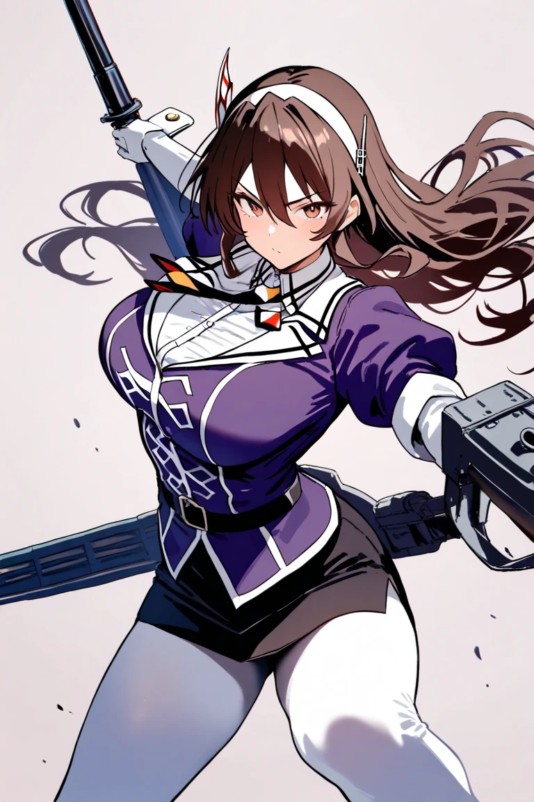 Best Quality, Beautiful skin, animesque, 1girl in, White military uniform, skirt by the, large full breasts, Long hair fluttering in the wind, Large-caliber sniper rifle, jet-black hair, Blue eyes, illustratio, Black tie, Belt under the chest, Serious look, guns, art by, white clothes