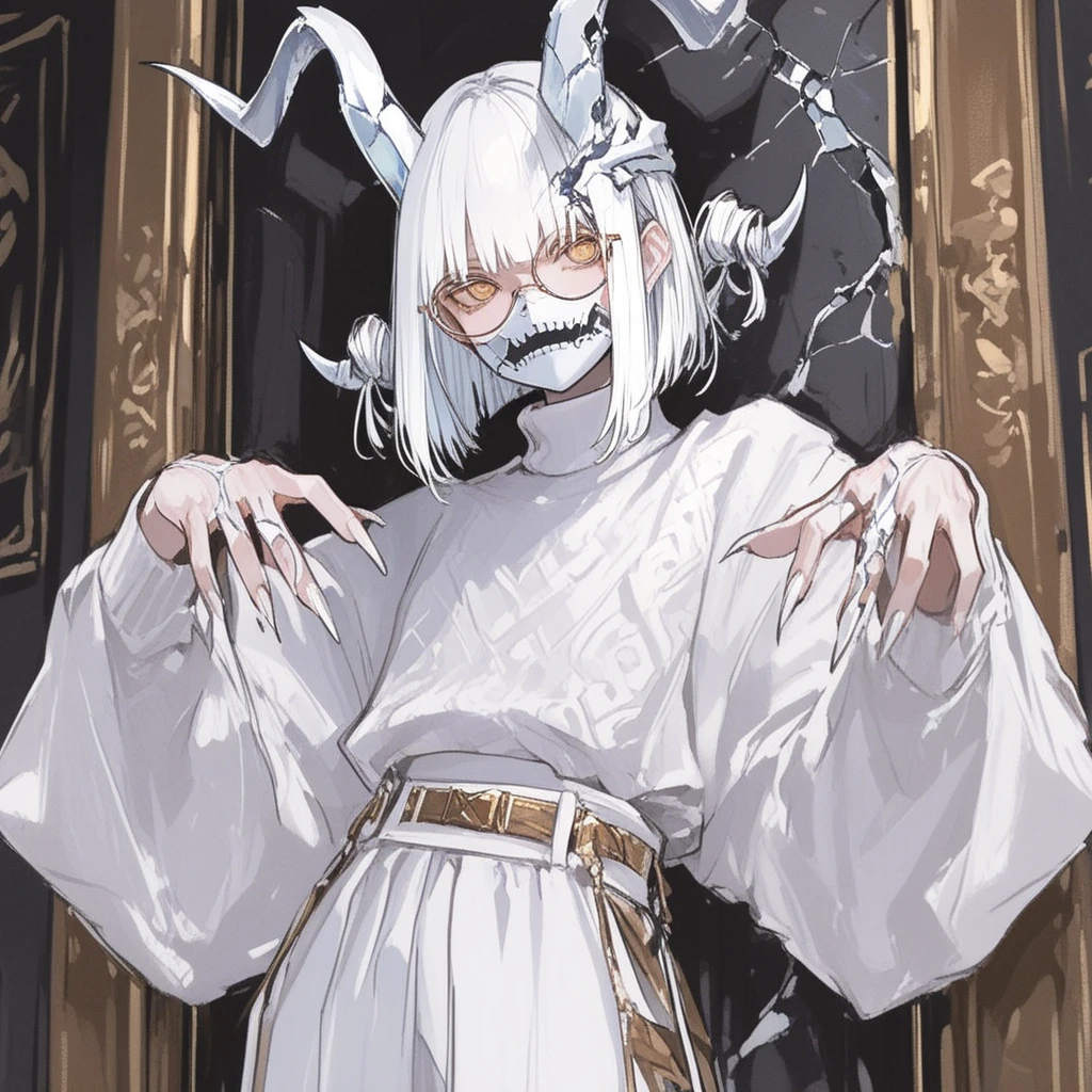 Humanoid creature, pale skin, very long hair, long horns, yellow eyes,  extra arms, holding a mask