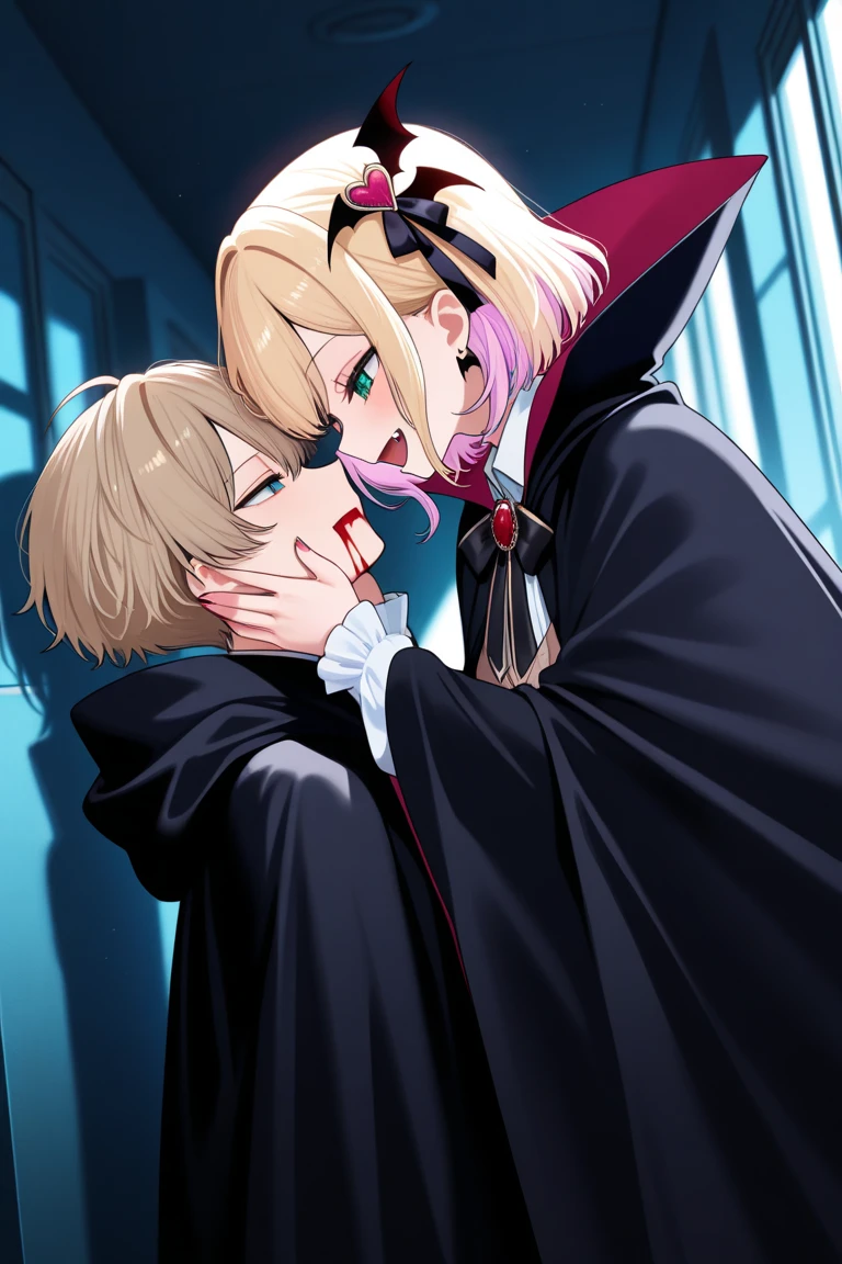 ((Highest quality)), ((masterpiece)), (detailed), （Perfect Face）、The woman is Princess Leona, a vampire and Countess of Dracula, with medium-long light brown hair and a Countess of Dracula costume with a vampire cloak.、A woman is embracing and kissing Count Dracula