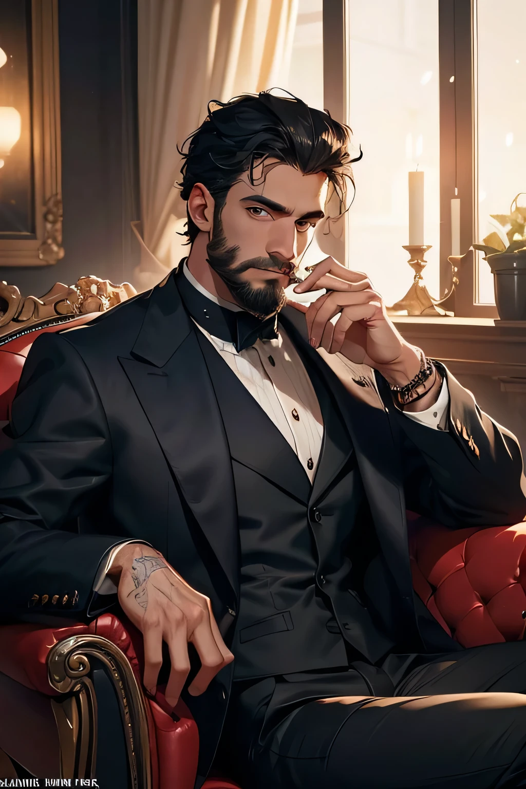 score_9, score_8_up,score_7_up, 1man, solo, male focus, manly, board shoulders, full beard with a neatly trimmed moustache, burly, black and grey hair, 50s mobster, Italian, brown eyes, husky male, buff, big, bulky, bara, hefty, black suit, black neck tie, collared shirt, holding a cigar, lounge on an expensive chair dimly lit study, 70s aesthetics,