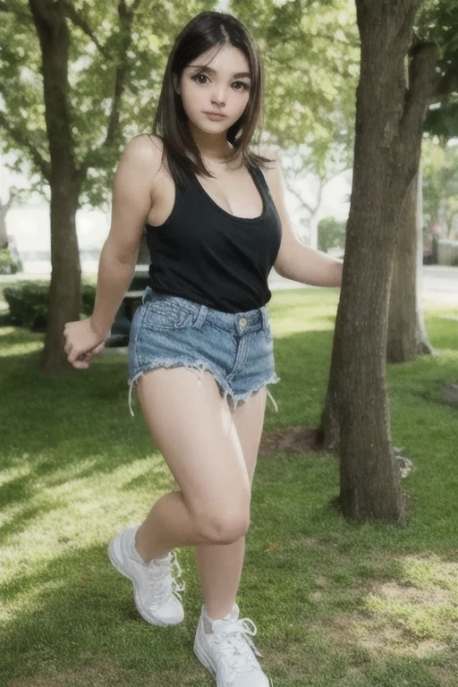 Beautiful 26 years old woman, 170cm high, 60 kg weight, white skin, long curly dark hair, gray eyes, wearing black and white stripes shirt, denim skirt, white sneakers, looking to somewhere else, (((skate park))), dancing, natural morning light, realistic, highly detailed, analog style, deep cleavage, breast, nipple, (((full body))), smile