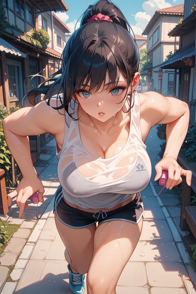 Ultra High Resolution, UHD, absurderes, RAW photo, Masterpiece, Best Quality, 8K, ultra-photorealistic, (1 girl), intricate details, ultra-detailed, detailed face, detailed body, dramatic lighting, beautiful lighting, standing up, blushing, smile, green eyes, (dark skin:1.5), gorgeous eyes, wonderful background, short hair, (brown hair), gorgeous face, gorgeous girl, large breasts, cleavage, hourglass body, gorgeous body, glossy skin, (white tank top), (black sweat shorts), in city, vivid colors, full body view, sharp focus
