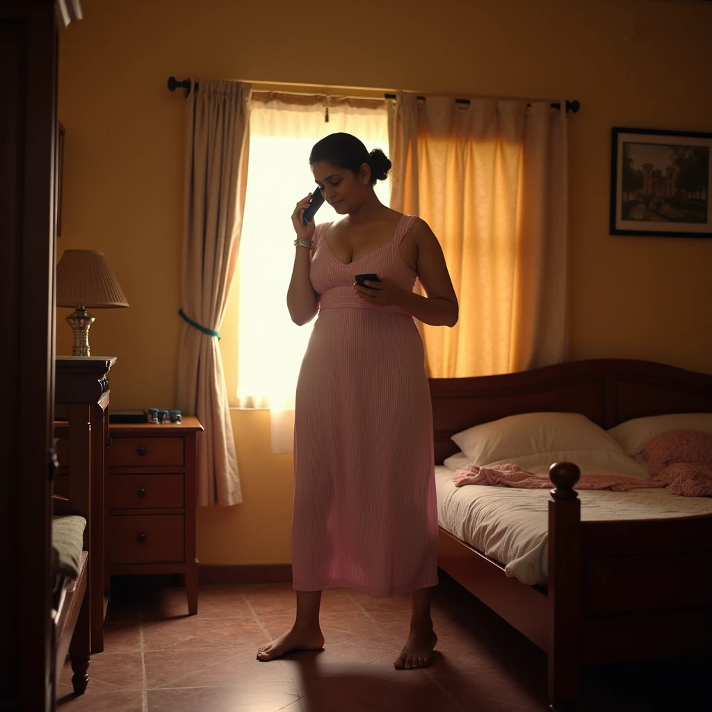(photorealism:1.2), A brunette indian married 40 year old chubby woman with black hair messy bun and big breasts with a curvy body  sexting with boyfriend, hotel corridor, seductive, sensual, fingering, thong, thick thighs, layout, realistic, intricate details, warm colors, by Greg Rutkowski, by Alphonse Mucha