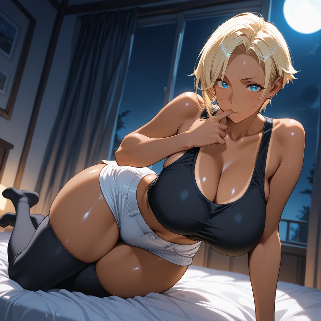mature woman, mature face, (hot face), flirting expression, raven hairstyle, (white hair color, black gradient hair color), glossy lips, voluptuous body, big breasts, big ass, hands on hips, tank top, hot pants, bedroom, lying on bed