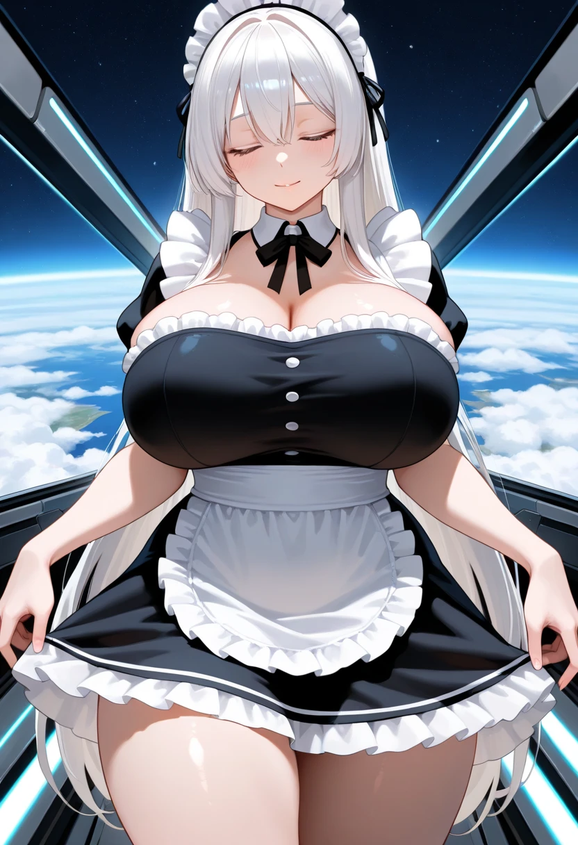 Masterpiece, 4girls, each dressed as a maid. The maids are wearing identical uniforms, beauty and cute, high detailed, dinamic lighting, vivid colours, ultra large saggy breasts, massive cleavage exposed, A giant spacecraft navigating interstellar space, Sophisticated design, huge geometric figures stacked in layers,standing, white skin, blue eyeballs, blonde hair, happys, various hair styles, harem, perfect eye, perfect face, Symmetrical eyes, well-aligned, with a natural and proportionate gaze, Observing their master with a servile gaze.