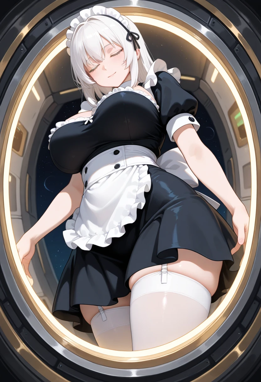 A woman, short fluffy white hair, black cute eyes, nervous smile, top with no bottom