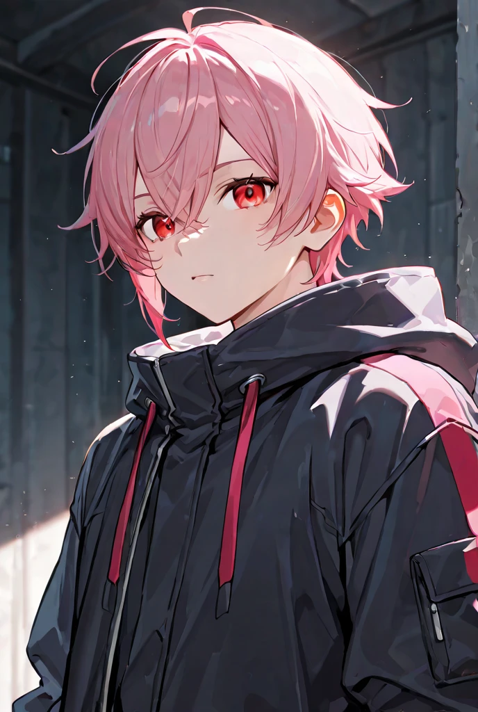 (Highest quality), (masterpiece), 1080P, High resolution, 4K, 8k, boy, Short Hair, black Parker, hoodie, Wearing a hood, Red hair, Red Eye, Upper Body, Night Sky, Starry Sky, shooting star, Pistol, scarf, chain, Earrings