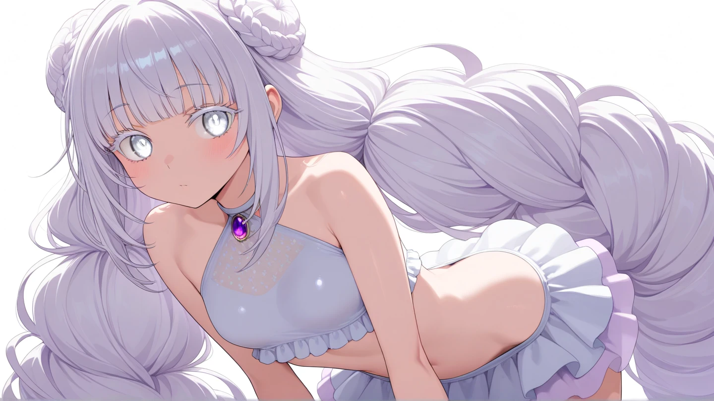 Extremely delicate and beautiful, high quality, score 9, score 8+, score 7+, masterpiece, dynamic, (white background:1.3),  (simple background:1.3), no background, whole body, 1girl, like transparent, pretty, cute, attractive, cool, no expression, inorganic, bold, aggressive, like a doll, mysterious, beautiful, russian, small height, slender, a little small , beautiful body, monotone, white hair, very long hair, long bangs, neat bangs, long white eyelashes, jewel-like eyes, white eyes, cute swimsuit, pure swimsuit, white swimsuit, skirt, lots of frill, less exposed